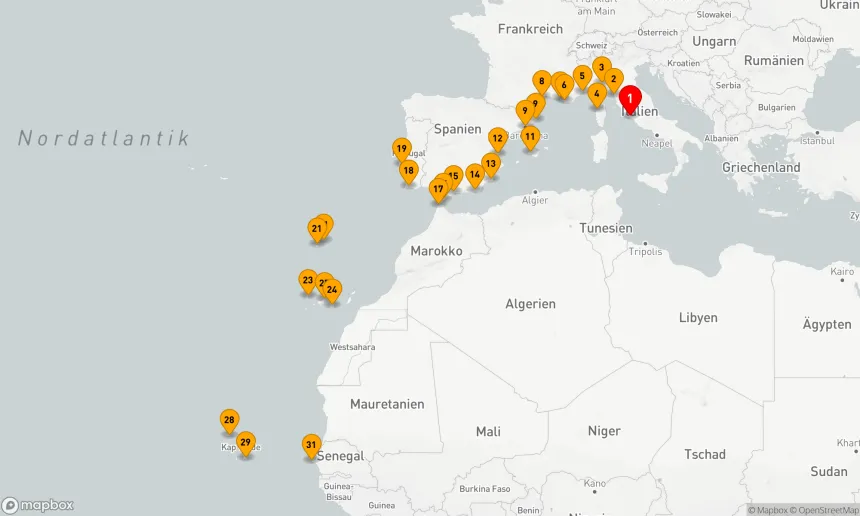 Route 30 Nächte - Ultimate Voyage: Mittelmeer-Riviera & Atlantik-Perlen: Italien bis Afrika