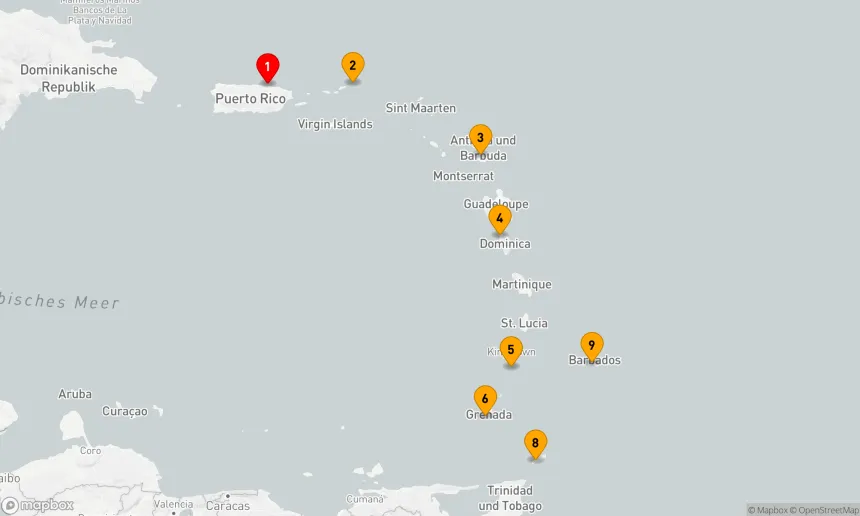 Route 8 Nächte - URLAUBSKREUZFAHRT IN DER SÜDLICHEN KARIBIK: BRITISCHE JUNGFERNINSELN,  DOMINICA & GRENADA