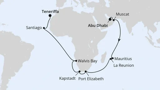 Route Von Abu Dhabi über Afrika nach Teneriffa