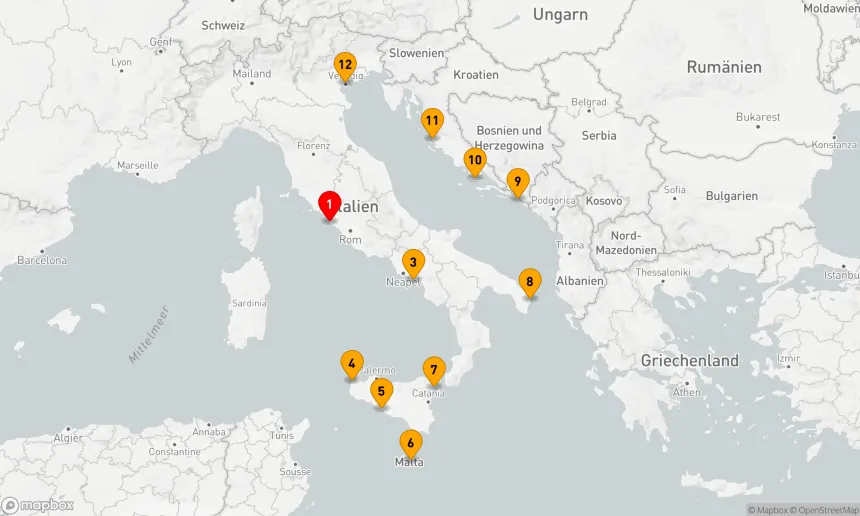 Route 11 Nächte - Von Amalfi an die Adria: Italien, Malta und Kroatien
