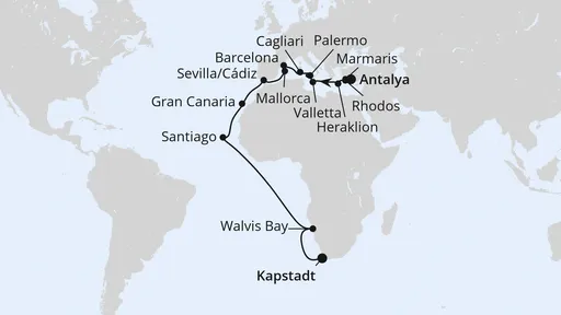Route Von Antalya über Namibia nach Kapstadt