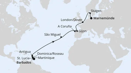 Route Von Barbados nach Warnemünde