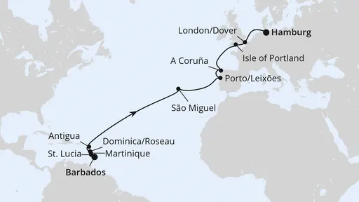 Route Von Barbados über die Azoren nach Hamburg