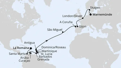 Route Von der Dominikanischen Republik nach Warnemünde