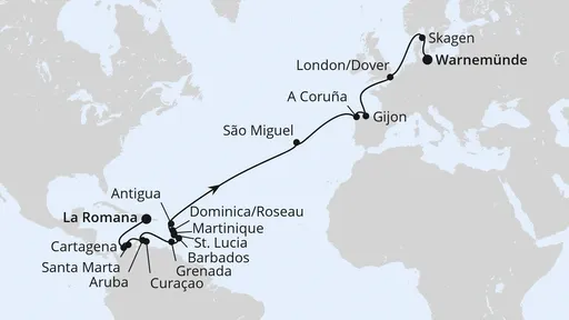 Route Von der Dominikanischen Republik nach Warnemünde