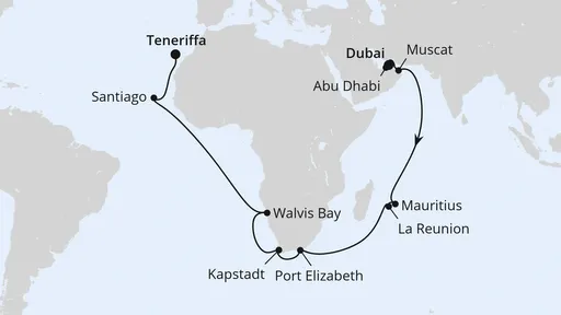 Route Von Dubai über Afrika nach Teneriffa