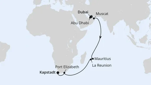 Route Von Dubai über Mauritius nach Kapstadt