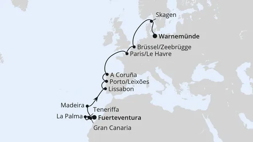 Route Von Fuerteventura über Portugal nach Warnemünde