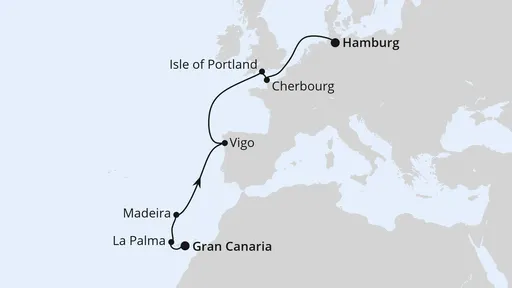 Route Europas Atlantikküste von den Kanaren nach Hamburg