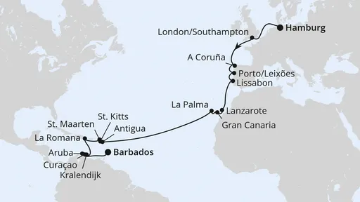 Route Von Hamburg nach Barbados