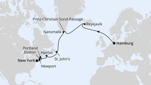 Route Von Hamburg über Grönland nach New York