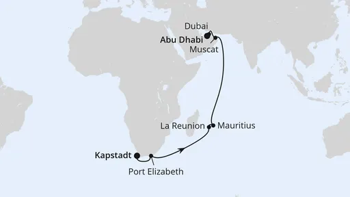 Route Von Kapstadt über Mauritius nach Abu Dhabi