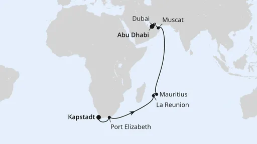 Route Von Kapstadt über Mauritius nach Abu Dhabi