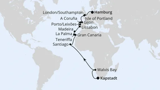 Route Von Kapstadt über Namibia nach Hamburg