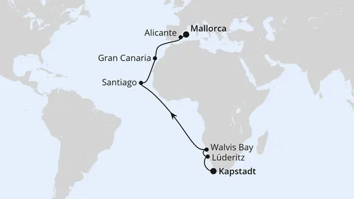 Route Von Kapstadt über Namibia nach Mallorca