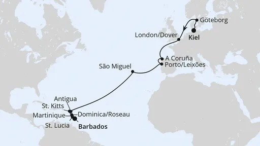 Route Von Kiel nach Barbados