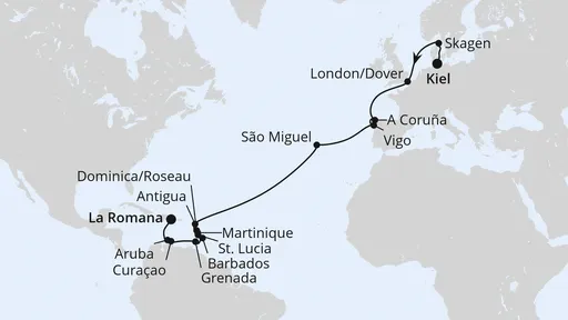 Route Von Kiel über die Azoren in die Dom. Republik