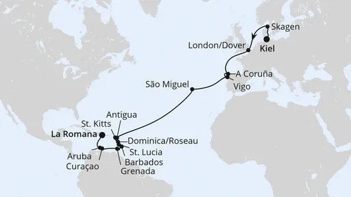 Route Von Kiel über die Azoren in die Dom. Republik