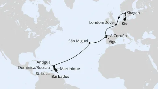 Route Von Kiel über die Azoren nach Barbados