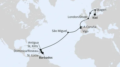 Route Von Kiel über die Azoren nach Barbados