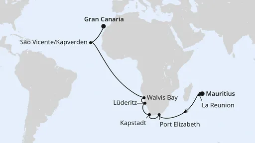 Route Von Mauritius über Afrika nach Gran Canaria