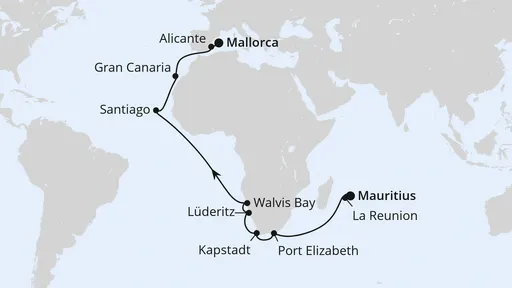 Route Von Mauritius über Afrika nach Mallorca