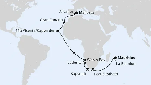 Route Von Mauritius über Afrika nach Mallorca