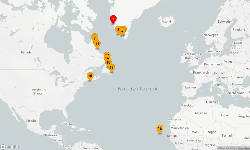 Route 16 Nächte - Von Nuuk (Godthaab) nach Saint Johns (Neufundland)