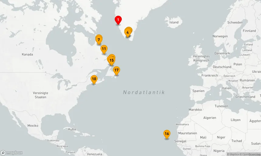 Route 16 Nächte - Von Nuuk (Godthaab) nach Saint Johns (Neufundland)