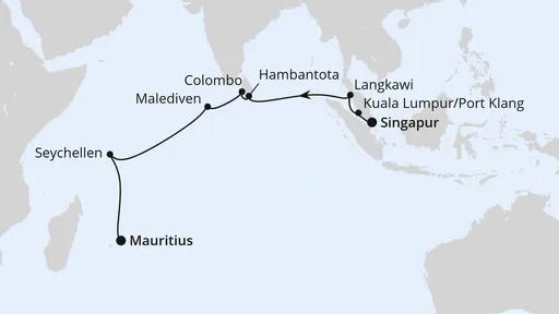 Route Von Singapur über Sri Lanka nach Mauritius