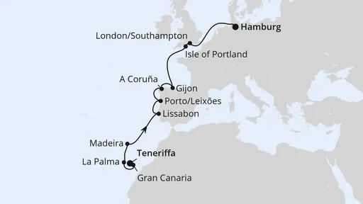 Route Von Teneriffa über Portugal nach Hamburg