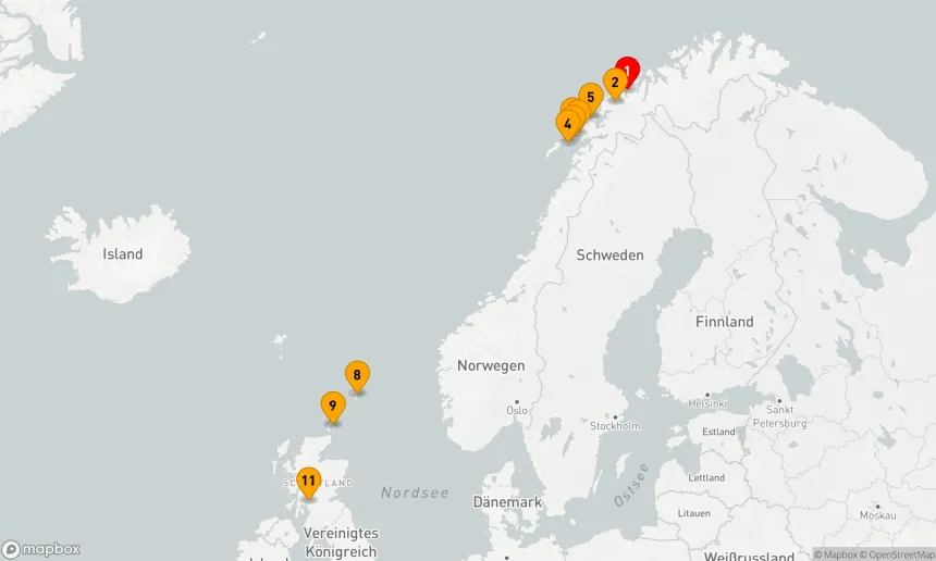 Route 10 Nächte - Von Tromsø nach Glasgow (Greenock)
