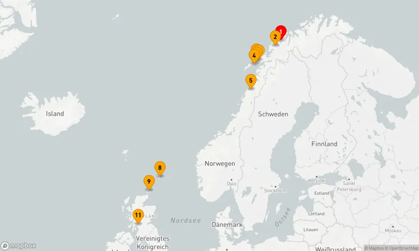 Route 10 Nächte - Von Tromsø nach Glasgow (Greenock)