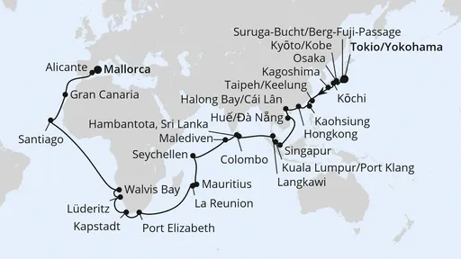 Route Weltenbummler von Asien über Afrika nach Mallorca
