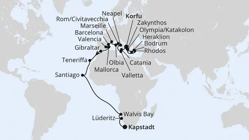Route Weltenbummler von Korfu nach Kapstadt