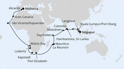 Route Weltenbummler von Singapur nach Mallorca
