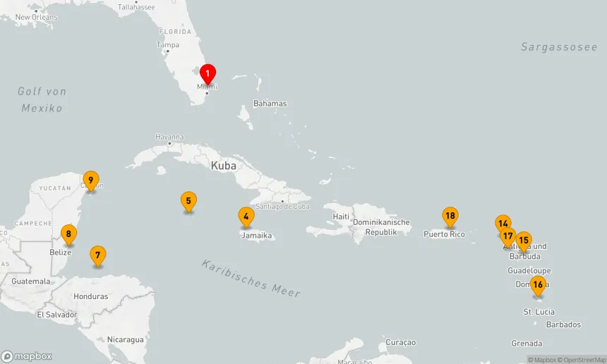Route 20 Nächte - WESTLICHE & ÖSTLICHE KARIBIK: MEXIKO & INSELN UNTER DEM WINDE
